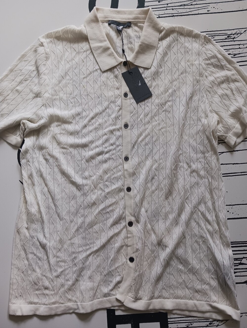 NWT John Varvatos 100% Cotton Organic Button Down Cream Knit Polo Shirt Size M